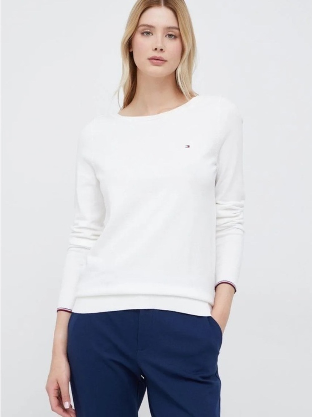 Tommy Hilfiger White Knit Boatneck Pullover with Flag Detail